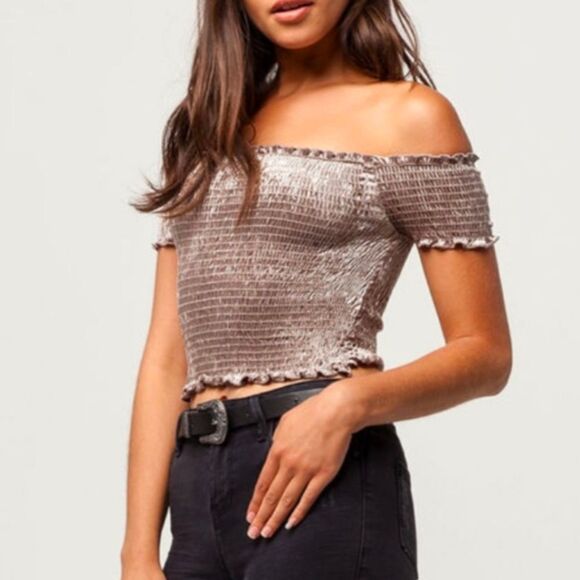 White Fawn beige stone velvet smocked stretchy off shoulder crop top M - Picture 1 of 7